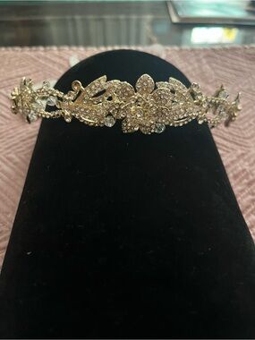 Gold Crystal/Rhinestone Floral Headband - Elegant Women's Accessory